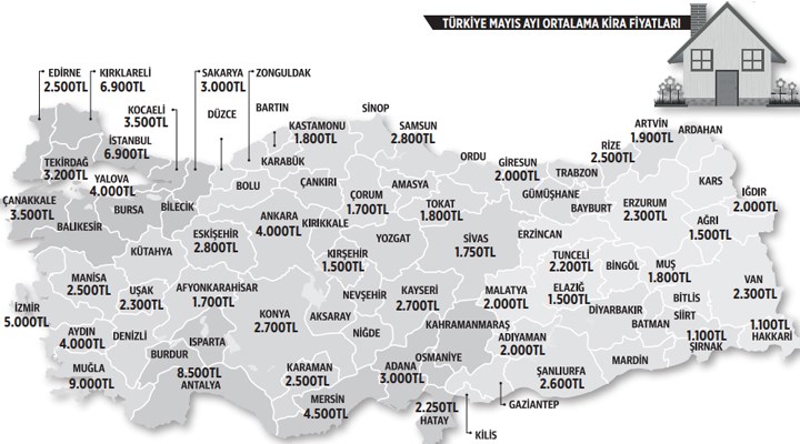 Türkiye il bazında ortalama kira fiyatları haritası
